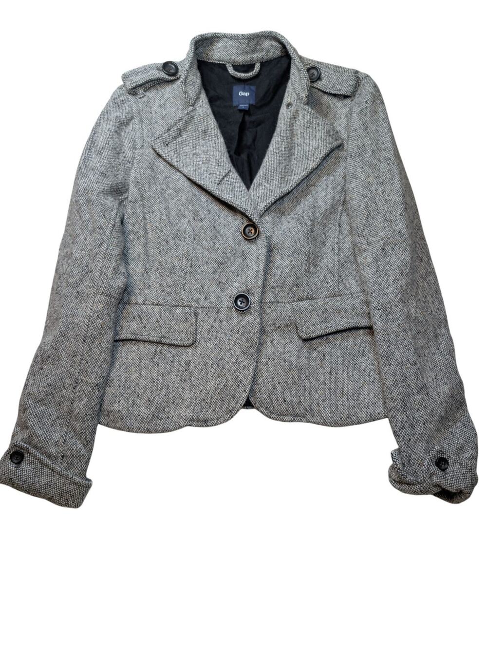GAP Gray Tweed Juniors Sz L Blazer Jacket Pink Contrast Stitch 4 Big Button